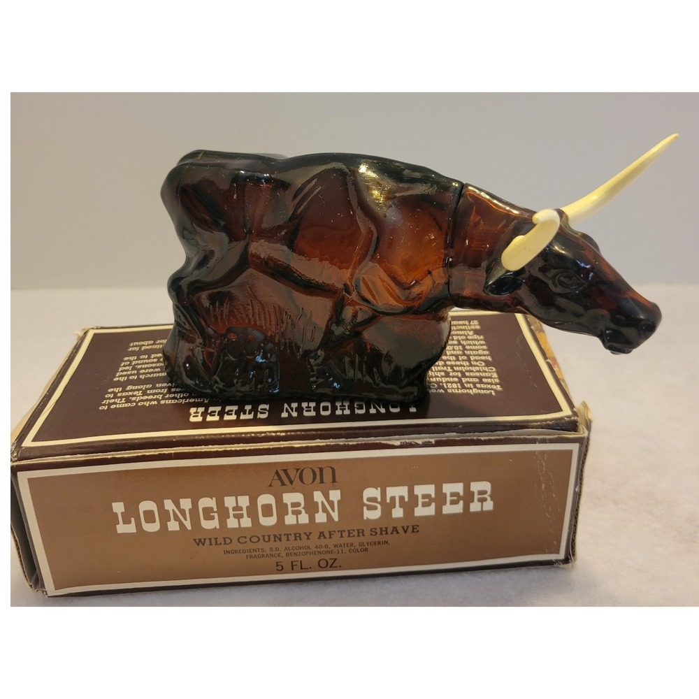 VTG Avon Longhorn Steer Empty 1970s Collectible Glass Display Bottle w/ Box